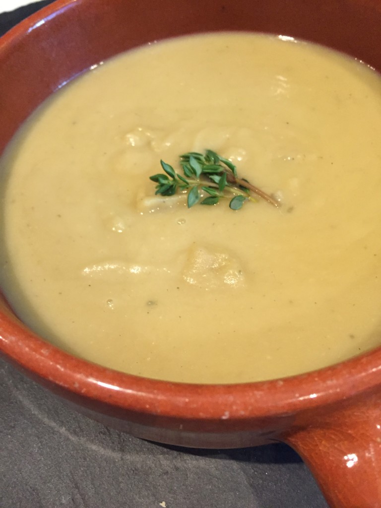 Leek, fava bean and thyme soup