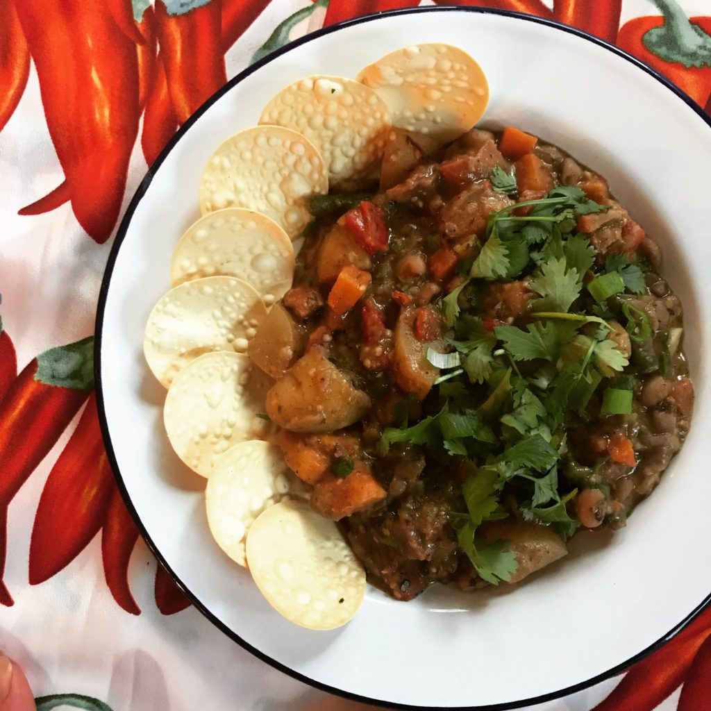 Caribbean black eye pea, aubergine and ham hot pot