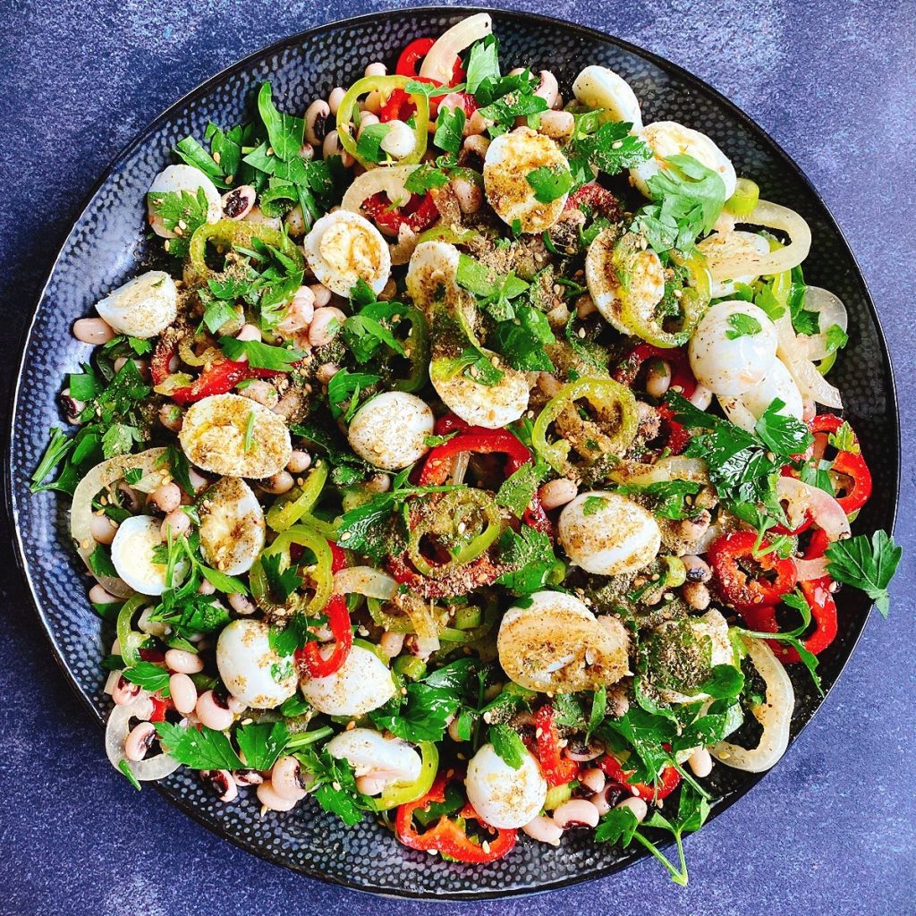 Turkish pepper, black-eyed bean and quails egg salad with za’atar