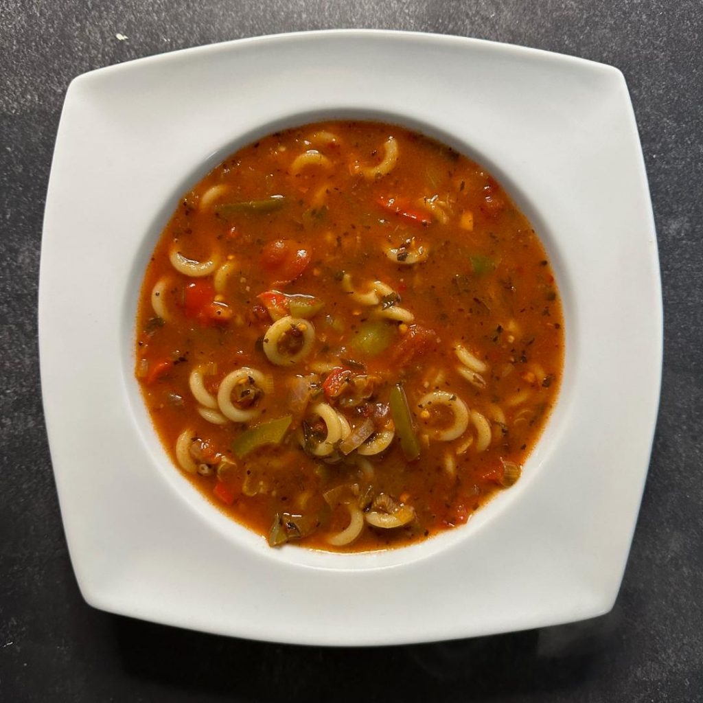 Spicy nduja, pepper and pasta soup