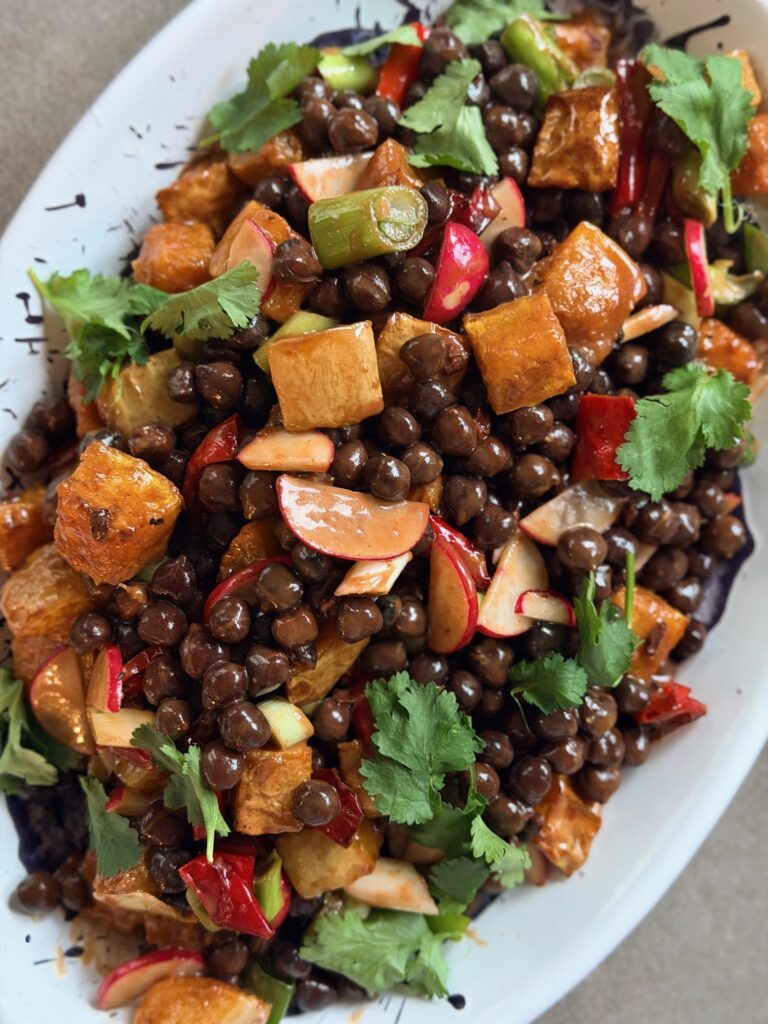Black chickpea, squash and pepper salad with chocolate chilli dressing