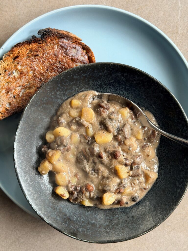 Creamy Mushroom and Carlin Pea Soup with Tahini and Miso