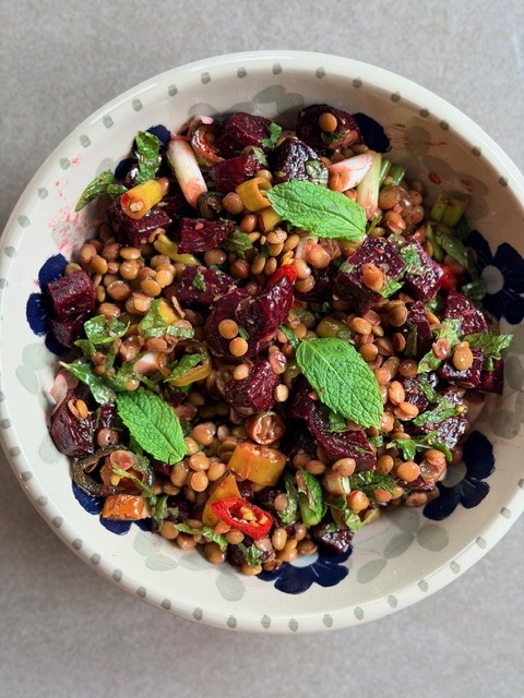 Roasted beetroot, lentil and pickled chilli salad